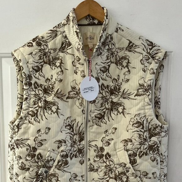 Umgee Woman's Cream Mix Quilted Puffy Cottage-Core Floral Print Vest Sz Lr - Picture 3 of 9